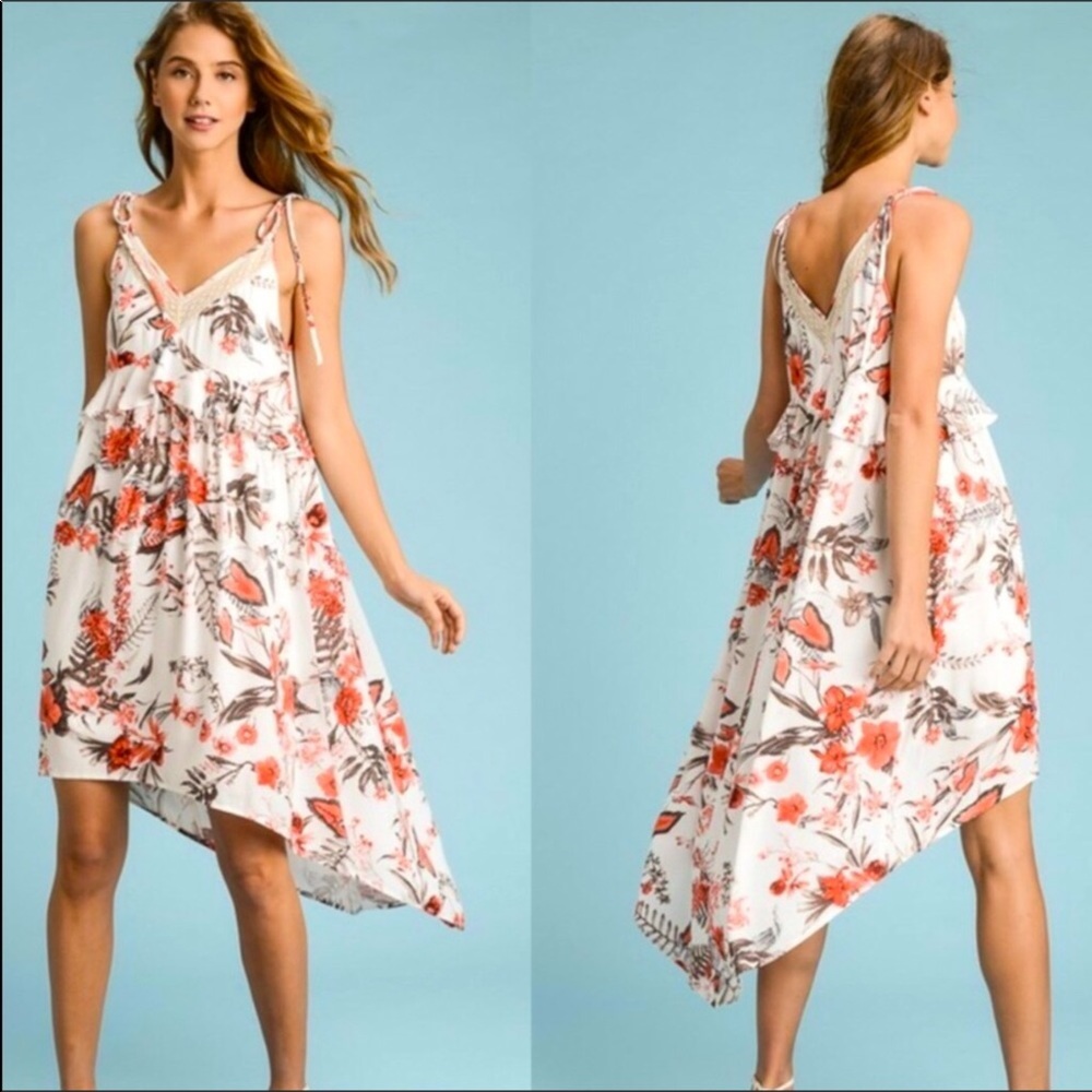 FLORAL HIGH LOW ADJUSTABLE STRAPS CREAM CROCHET SUNDRESS